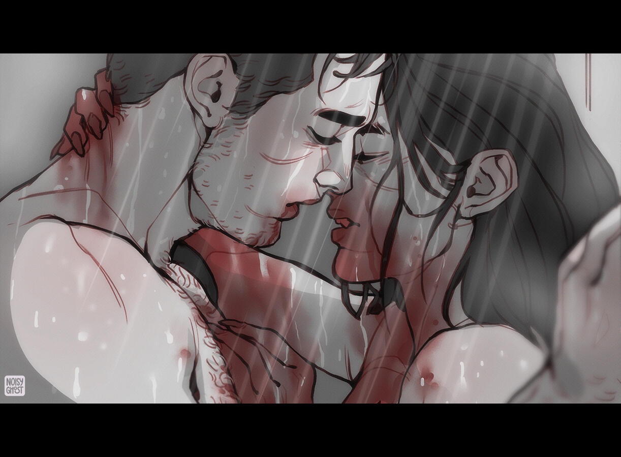 Black and white scene with two characters and a simple environment: 120$usd