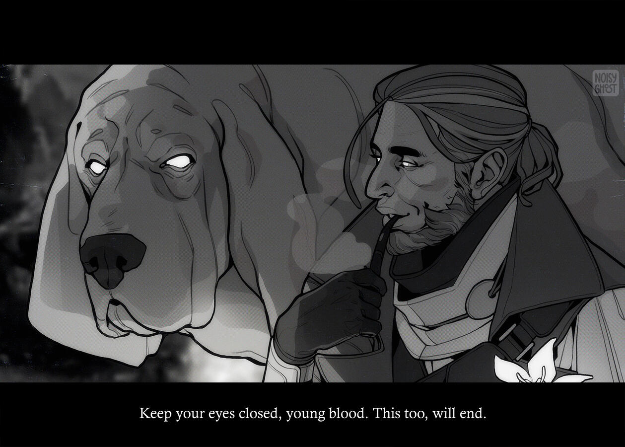 Black and white scene with two characters and a simple environment: 160$usd